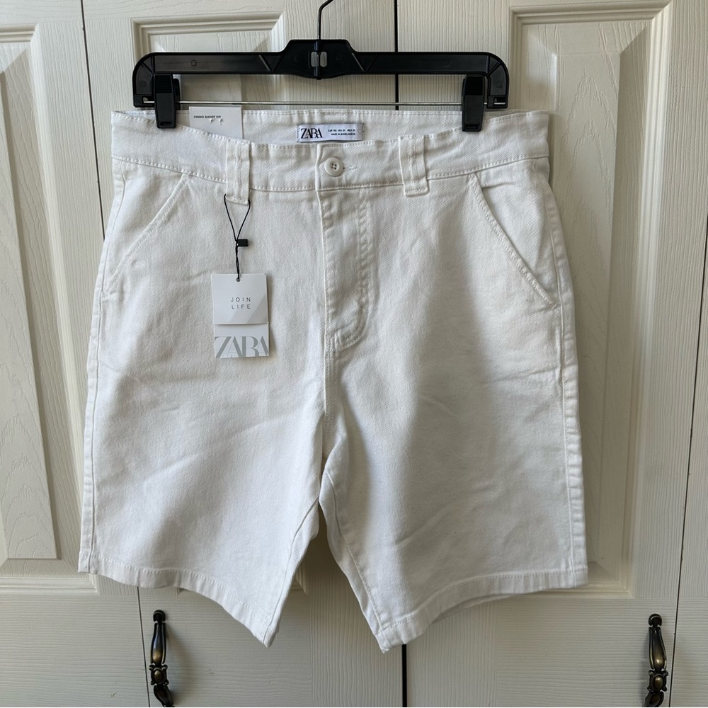 Zara White Denim Chino Shorts Mens Size 40 Preppy Dad Shorts Vacation Beach